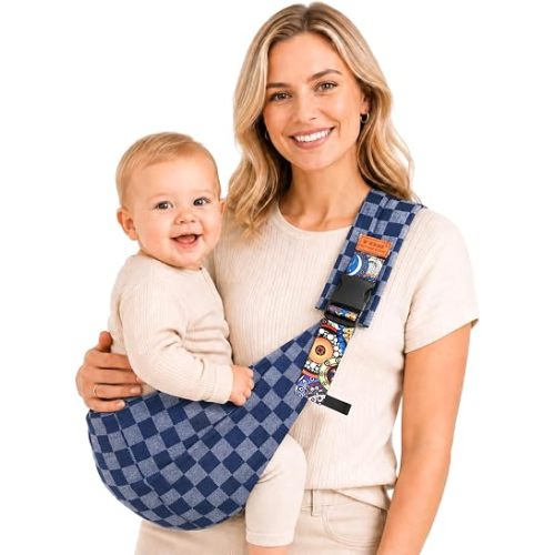 Baby Sling Carrier, Baby Carrier Newborn to Toddler with Adjustable Strap, Non-Slip Baby Half Wrapped Sling Hip Carrier 10-30lbs (Blue Square)