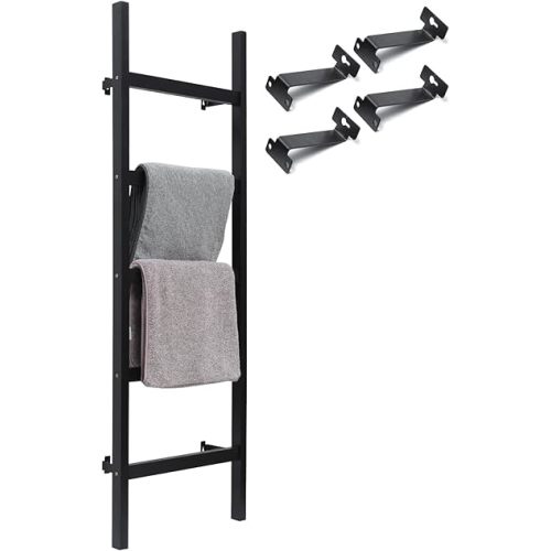 FUIN 57in Wall Mounted Wooden Blanket Ladder Living Room Decorative Farmhouse Quilt Display Holder Rustic Wood Towel Rack for Bathroom, Black