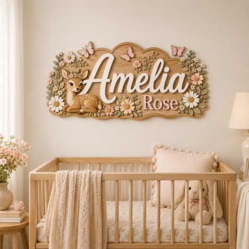 Animal Nursery Wooden Name Sign, Personalized Baby Girl Wall Art, Custom Animal Floral Name Plaque, Baby Shower Gift