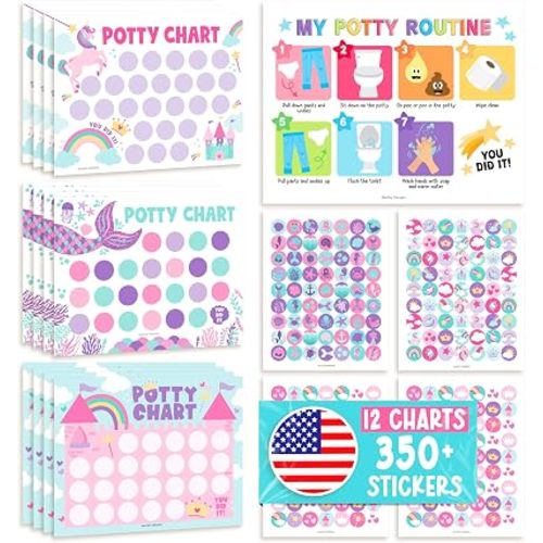 Hadley Designs Potty Training Chart for Toddler Girls -Bundle Reward Sticker Chart for Kids Potty Training Toilet Success, Potty Chart for Toddlers Girls, Reward Stickers for Toddlers in 3 Fun Designs