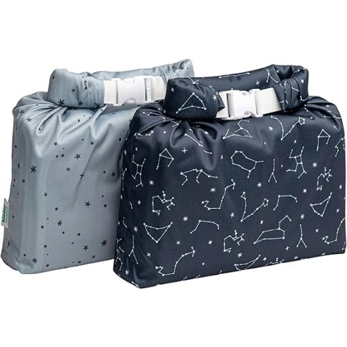 Kinder Set of 2 Water Resistant Wet Bags for Storing Laundry or Cloth Diapers Travel Size Wet Bag Daycare Beach Pool Wet Swimsuit Roll Top for Air Tight Odor Contained Washable Reusable (Night Sky)