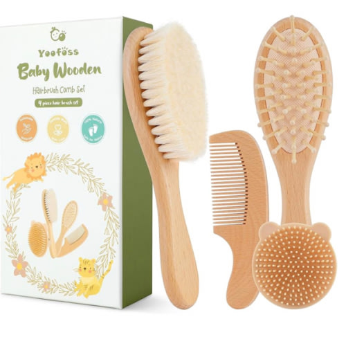 Yoofoss 4 Piece Baby Brush and Comb Set, Wooden Baby Brush with Natural Ultra Soft Goat Hair, Baby Hair Brush for Newborn, Baby Brush Set for Boy Girl