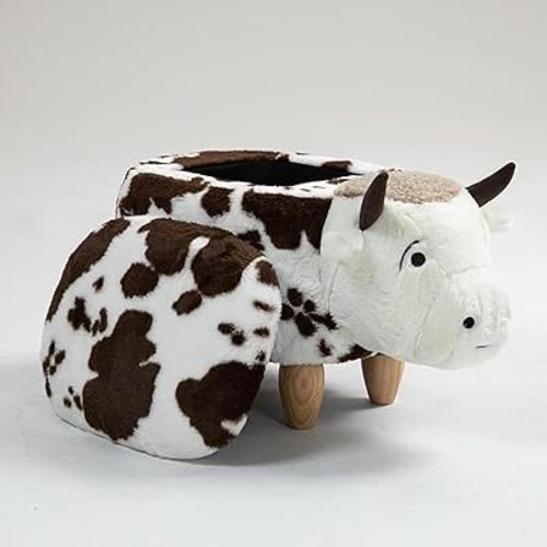 Home 2 Office Fun Happy Cow Ottoman with Storage for Kids' Bedroom, Playroom, Nursery or Recreation Room Decor, Soft Animal-Shaped Toddler Furniture with Wooden Legs