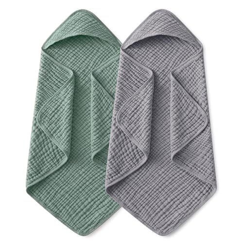 Yoofoss Hooded Baby Towels for Newborn 2 Pack 100% Muslin Organic Cotton Baby Bath Towel with Hood for Babies, Infant, Toddler and Kids,37.5"x37.5",Soft and Absorbent Newborn Essential,Grey&Dark Green