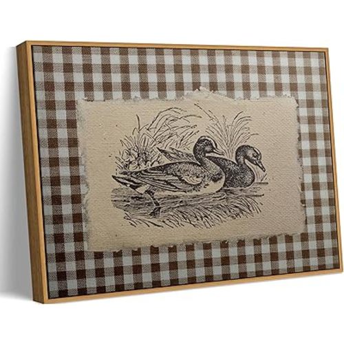 Floating Framed Vintage Duck Canvas Wall Art, Farmhouse Brown Gingham Ducks Painting Picture Wall Decor, Retro Rustic Animal Poster Print Artwork for Country, Living Room, Home Decoration 8x10in
