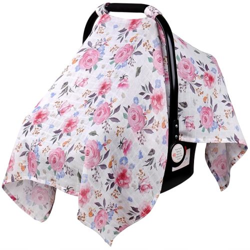 Rquite Infant Car Seat Cover for Babies Girls, 100% Muslin Cotton Carseat Canopy, Breathable Stroller Sun Shade, Baby Shower Gift & Newborn Essentials, Universal Fit Summer & Hot Weather (Floral)