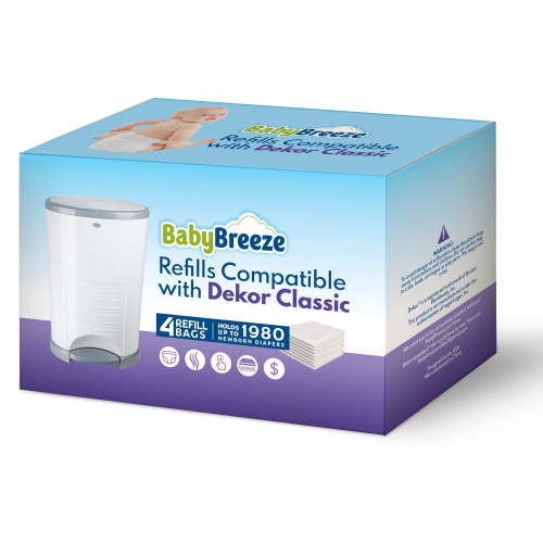 BabyBreeze Diaper Pail Refills Compatible with Dekor Classic – 4 Pack Continuous Refill Bags – Powder Scent Odor Control – Leak Resistant Diaper Disposal Liners – Holds Up to 1980 Diapers