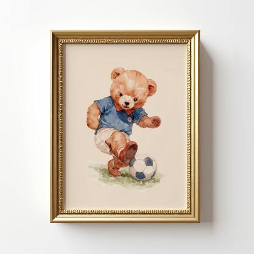 Vintage Teddy Bear Soccer Wall Art, Watercolor Print for Kids Room Decor, Unique Nostalgic Gift for Soccer Lovers and Kids’ Playrooms