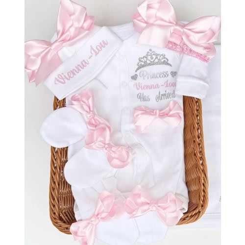 Newborn baby  girl sleepsuit hat mittens headband set   personalised Princess add a gift bag which is keepsake suitcase