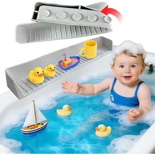 Splash Guard for Bathtub, Silicone Bathtub Tray for Kids with 11 Suction Cups, Bathtub Edge Water Guard, Prevent Water Spills, Toy Storage Shelf for Toddlers & Babies Bath Time(2.6FT, Grey)