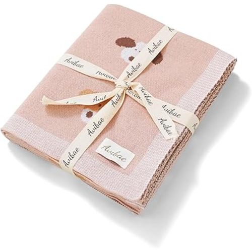 Avibae Cable Knit Baby Blanket, Soft Cotton, 40x30 Inches, Newborn Receiving Blanket for Crib Stroller, Lovely Puppy Pattern (Light Pink, Baby)