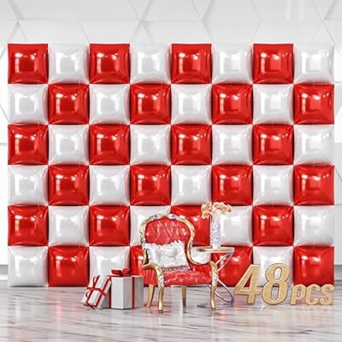 NISOCY 48PCS Red White Square Foil Balloons Wall Backdrop Double Sided Red Pearl White Balloons Arch Kit for Birthday Wedding Bridal Shower Valentine Anniversary Party Decorations