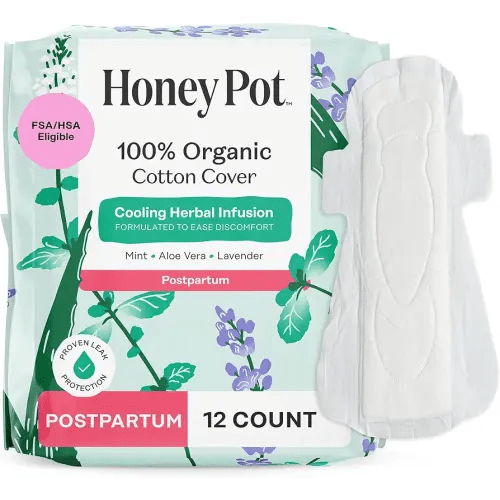 The Honey Pot Company - Herbal Postpartum Pads w/Wings - Infused w/Essential Oils for Cooling Effect, Organic Cotton Cover, & Ultra-Absorbent - Feminine Care - 12ct