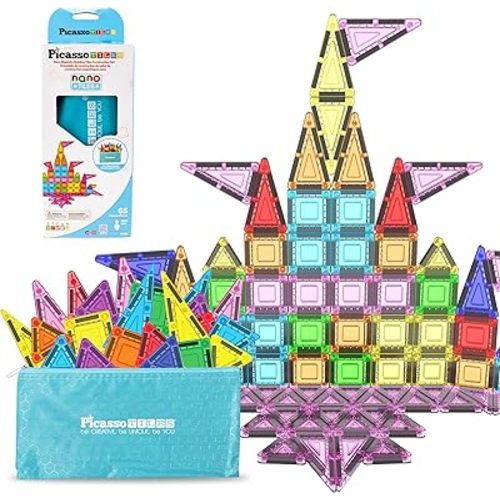 PicassoTiles 65pc Nano Magnetic Tile Travel Size Mini Portable Toy Construction Building Blocks Playset with Storage Bag Pouch STEM Montessori Classroom Magnet Tiles Stacking Toys for Kids Age 3+ PN03