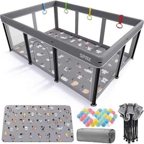 Foldable Baby Playpen with Mat,50"×71" Collapsible Playard for Babies and Toddlers,Indoor&Outdoor Kids Safety Play Pen,Portable Travel Playpen with Travel Pack and 50 Ocean Balls