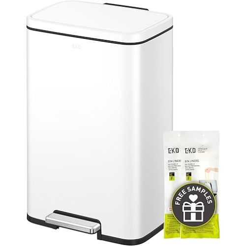 EKO Madison Matte White Stainless Steel 13.2 Gal/50L Kitchen Step Trash Can or Recycling Bin, Removable Inner Liner, Soft Close Lid, Fingerprint Resistant Finish