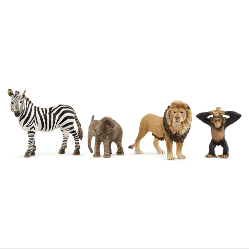 Schleich Wild Life Africa Starter Set - 4PC Wildlife Animal Set - With Zebra, Elephant Calf, Lion, Chimpanzee Figures - Kids 3+