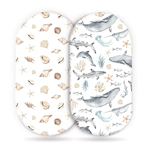 GRSSDER Stretchy Ultra Soft Fitted Bassinet Sheets Set 2 Pack, Cradle Sheet Universal Fit for Rectangle, Oval, or Hourglass Bassinet Pad/Mattress Safe and Snug, Stylish Cute Whale Sea Worl for Baby