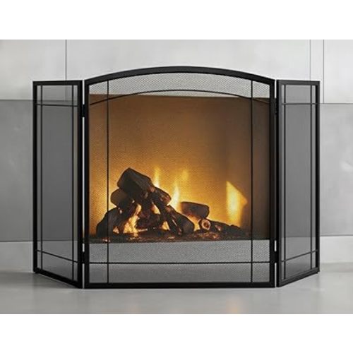 FEED GARDEN 3 Panel Fireplace Screen 48" W x 29" H Modern Foldable with Wrought Metal Decorative Mesh,Arch Heavy Duty Fire Spark Guard Cover for Home Decor Indoor, Black
