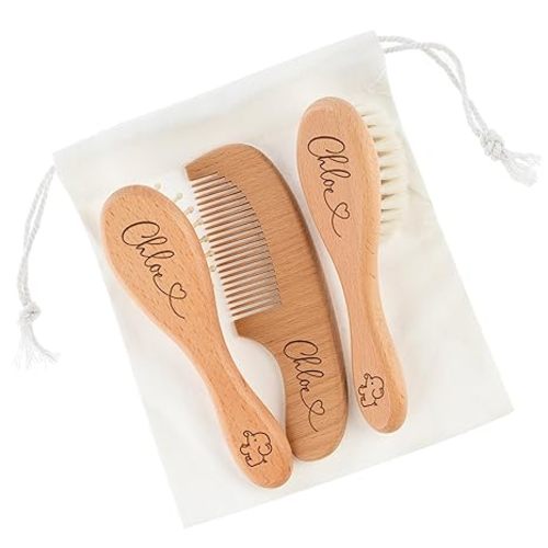 Custom Wooden Baby Brush set, Optional Icons and Fonts, Personalized Wooden Baby Brush and Comb Set, Personalized Baby Gifts, Baby Shower Gift Girls, Boy