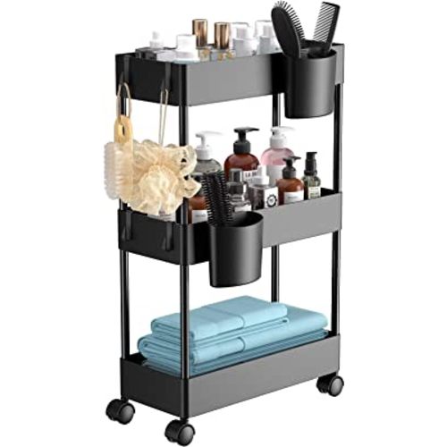 Pipishell Slim Storage Cart with Wheels, Bathroom Cart Organizer Small, Rolling Cart for Bathroom, Laundry Room, Kitchen, Narrow Space, Black PIUC04, 7.1/''D X 15.8/''W X 23.5/''H