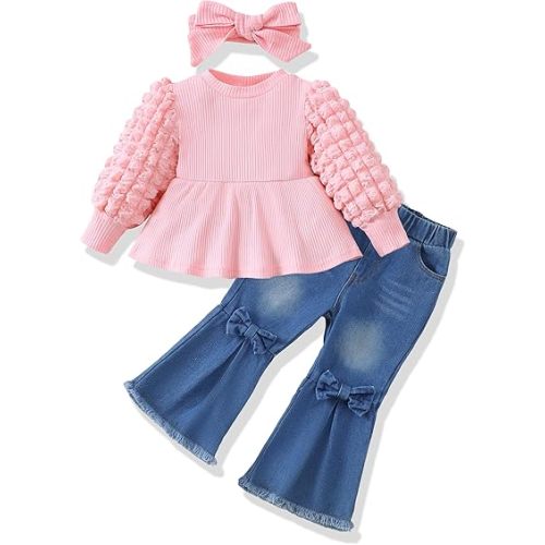 Renotemy Toddler Baby Girl Clothes Fall Winter Outfit Puff Bubble Sleeve Sweatshirt Denim Bell Bottom Jeans Matching Outfits