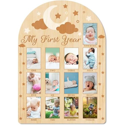 ORIGACH My First Year Baby Growth Photo Display Wood Board - 12 Months Newborn Milestones Photo Board - Neutral Baby Keepsake Frame 1st Birthday Party Nursery Decor New Mom Gift - Moon Star & Cloud