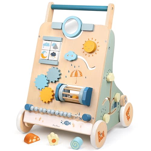 PairPear Wooden Baby Walker, Baby Push Walker, Montessori Walker Toy with Activity Center for Girls Boys, Adjustable Speed Baby Walker for Kids Development