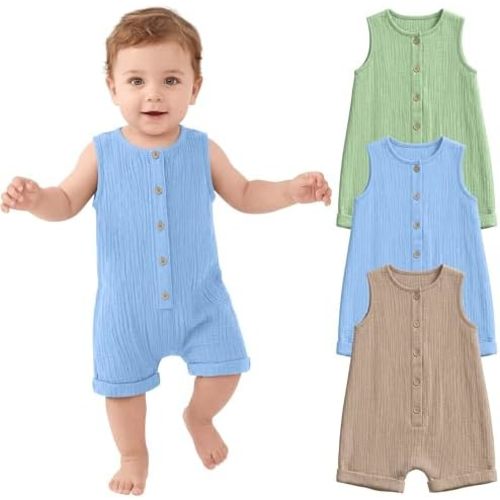 Halfchet 3 Pack Baby Boys Jumpsuit Cotton Newborn Romper Sleeveless Button Infant Playsuit Summer Outfit Clothes 0-24M