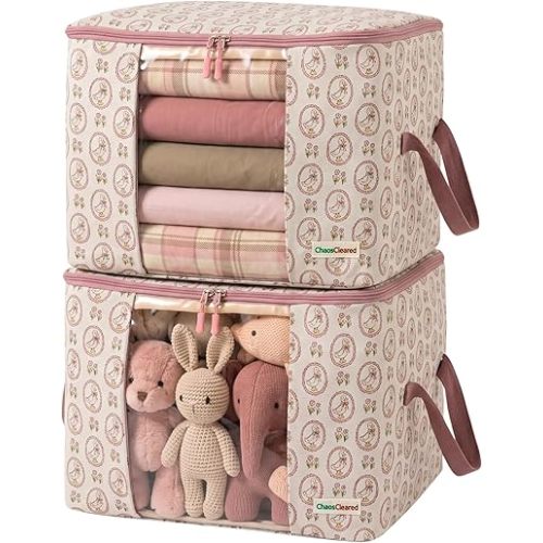Chaos Cleared Kids Storage Bags – 100% Cotton Canvas Toy & Clothes Organizer with Cute Design – Storage Bin for Stuffed Animals, Baby Items & Clothes with Zipper & Handles (Pink Duck Print)