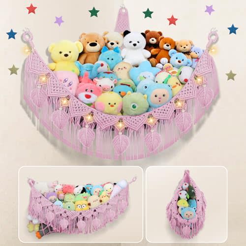 Stuffed Animal Storage Hammock Corner, 56'' Large Stuffed Animal Net Organizer for Teddy Plush Nursery Decor, Boho Macrame Leaf Toy Holder, Light Pink Toy Net w/ LED Star Light for Kid Girl Gift