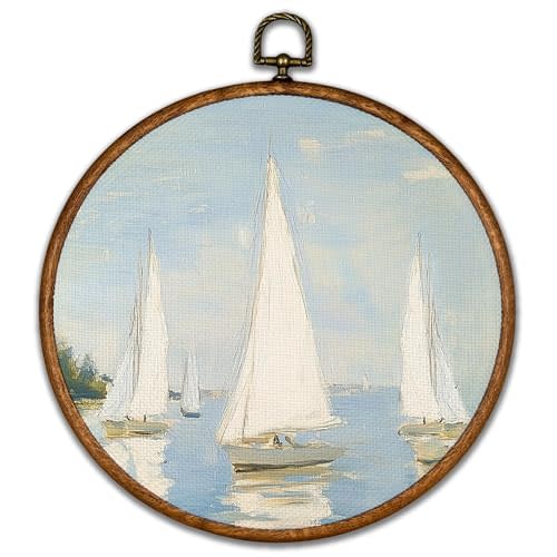 BCUANGD Vintage Sailboat Round Wall Art Decor - Retro Coastal Landscape Wall Art Canvas Frame Artwork Prints, Rustic Nautical Blue Seascape Round Wall Hanging Decorations for Home, 10"x10"