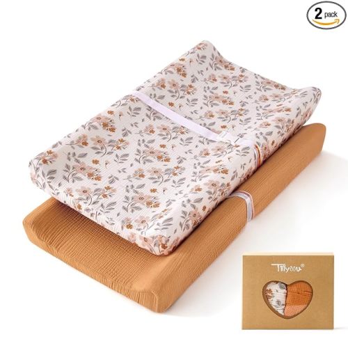 TILLYOU Muslin Changing Pad Cover for Baby Girls Boys, Soft and Breathable Cotton Diaper Changing Table Cover, 2 Pack(Yellow Flower)