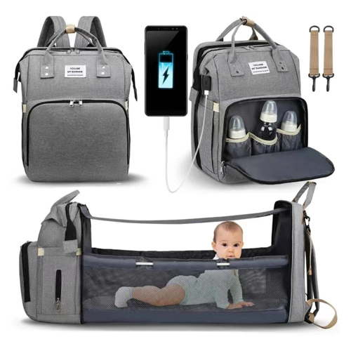 Baby Diaper Bag Backpack - Multifunctional Baby Changing Bag with USB Charging Port, Large Capacity Waterproof Travel Diaper Backpack with Changing Station (Gray)