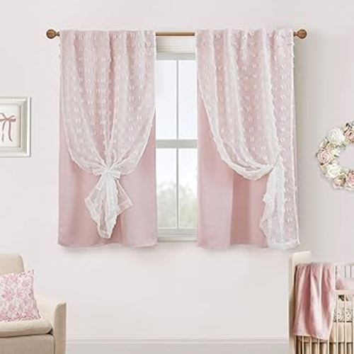 Short Blackout Curtains for Bedroom Windows,Sheer Black Out Curtains 54 Inch Long,Pink and White