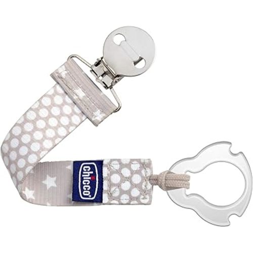 Chicco Two-in-One Pacifier Clip with Loop and Ring Attachments | Loop for Teethers and Small Toys | Ring Included for Knob-Style Pacifiers | Secure Clasp is Gentle on Clothing | Grey