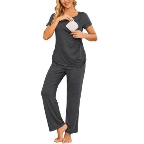 Ekouaer Women Maternity Nursing Pajama Set Breastfeeding Sleepwear Set Short Sleeve Top & Pants Postpartum Pajamas Grey L