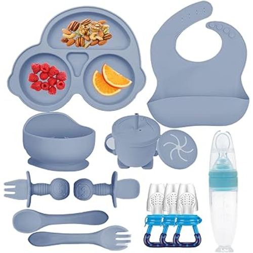 Silicone Baby Feeding Set, Baby Led Weaning Supplies Kit With Suction Bowl & Car Plate, Bib, Spoon, Fork, Cup - Food-Grade Silicone, Dishwasher-Safe, No BPAs - For 3+ Months