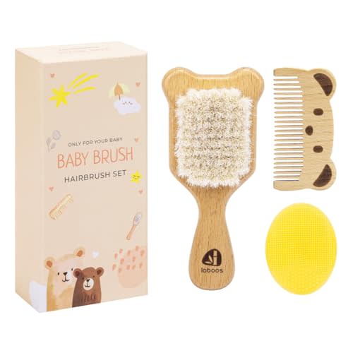 Baby Hair Brush and Comb Set for Newborns & Toddlers - Wooden Handle and Natural Soft Goat Bristles,Gentle Cradle Cap Care,Baby Massage and Scalp Brush,Ideal Baby Registry Gift,Beech with Cute Bear