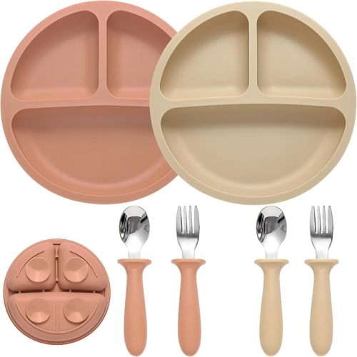 2 Pack Silicone Baby Plates with Suction, Forks and Spoons Set