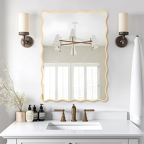 Gold Wavy Mirror Whit Wood Frame, 18" x 24" Small Rectangle Boho Mirror for Nursery Wall Decor, Bathroom Vanity, Bedroom, Living Room, Entryway