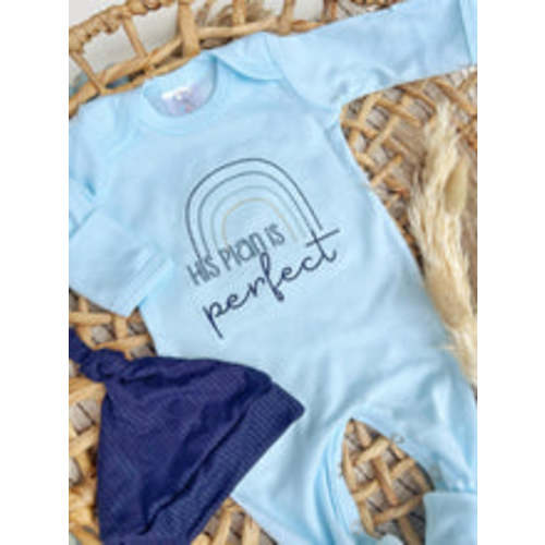 Baby Boy Outfit | Light Blue Romper His Plan Is Perfect Blue Rainbow – Wonderfully Made