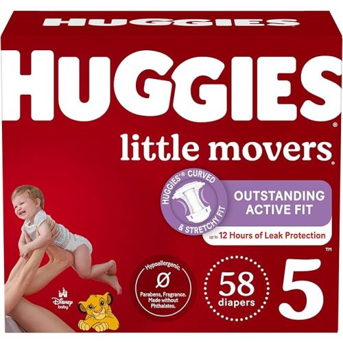 Huggies Size 5 Diapers, Little Movers Baby Diapers, Size 5 (27+ lbs), 58 Count, Packaging May Vary