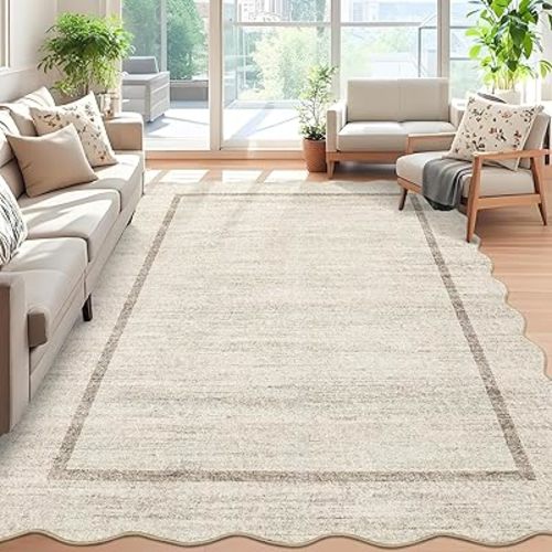 GarveeHome Scalloped Large Living Room Area Rug 6x9 - Machine Washable Modern Rugs Bordered Neutral Rug Non-Shedding Low Pile Farmhouse Carpet for Bedroom Nursery Classroom Dorm 6 ft x9 ft Beige