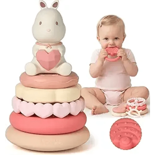 Moonkie Bunny Baby Stacking Toys | 7-Piece Silicone Rings for Teething Relief | Educational Toy for Infants & Toddlers 6 Months+ | Baby Shower or Birthday Gift for Girls