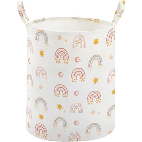 TECHMILLY Large Storage Basket for Girls and Boys, Collapsible Laundry Hamper with Long Handles, Toy Bins for Nursery, Kids Room Décor (Rainbow)