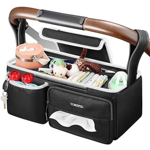 YOREPEK Spacious Stroller Caddy Fits for UPPAbaby Vista/Minu/Cruz, Adjustable Stroller Organizer with 2 Insulated Cup Holders, Easy-clean Stroller Bag for Travel, Walks, Accessories, Baby Essentials