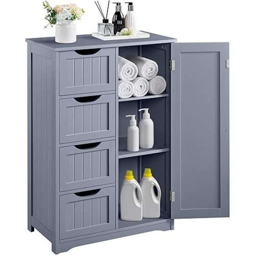Yaheetech Small Bathroom Storage Cabinet with 4 Drawers & Door, Gray