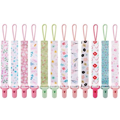 12 Pack Pacifier Clips with Adjustable Strap (32-46.5cm)/Short Strap(25.5cm) - Premium Polyester Baby Pacifier Holder Set, Multi-Design Clips for Boys Girls (Multicolor D 25.5cm)
