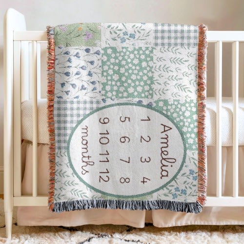 Personalized Floral Baby Blanket Girls Milestone Blanket Flower Patchwork Green Nursery Decorations Newborn Keepsake Custom Baby Shower Gift
